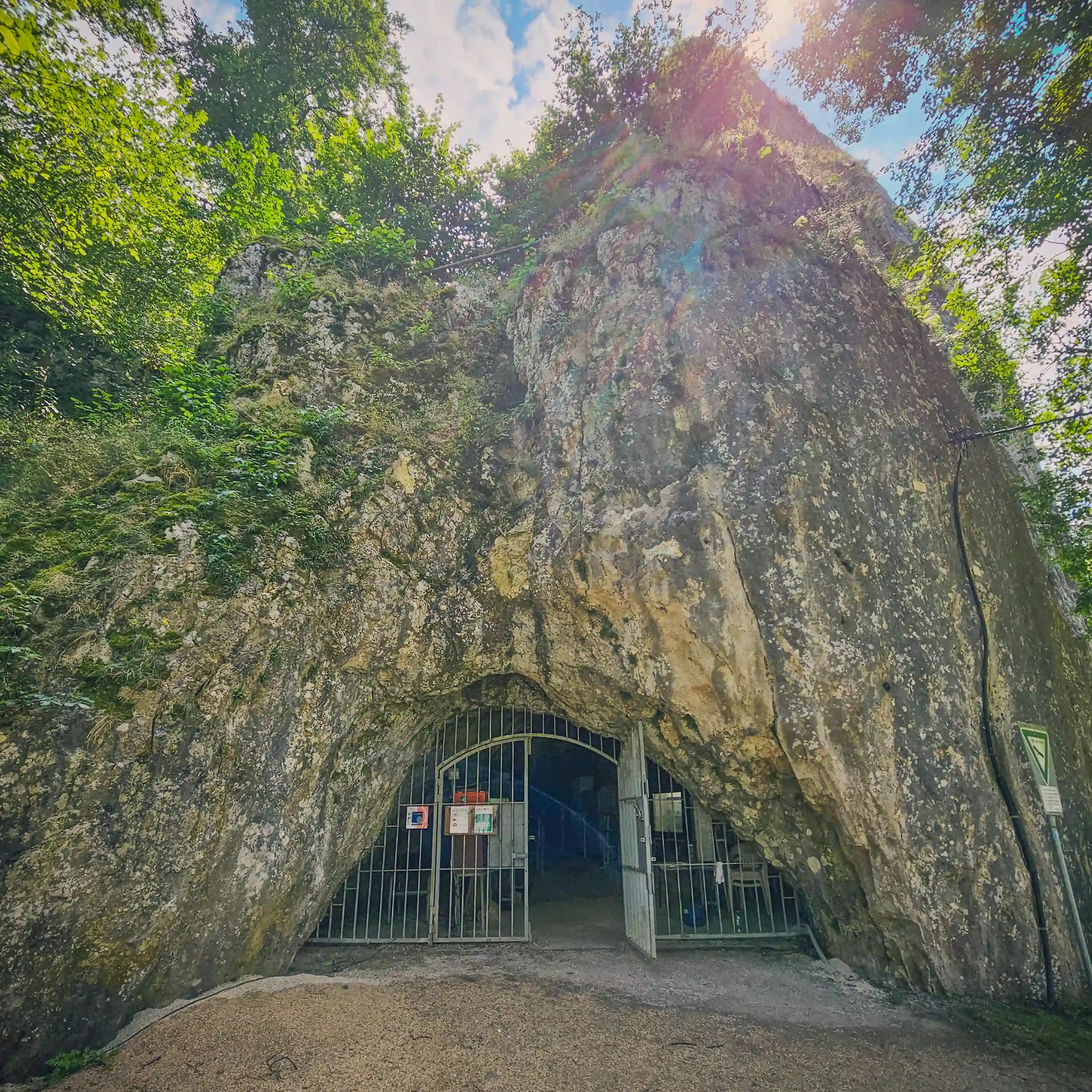 The gated entrance to Hohle Fels Cave is set into a large limestone rock face, with sunlight filtering through trees above.