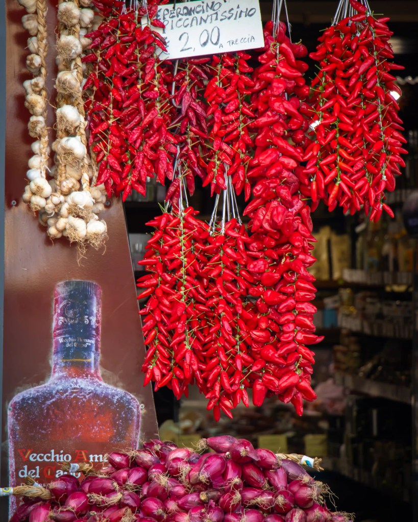 Bundles of red chili peppers hanging next to garlic and red onions displayed at a market stall.