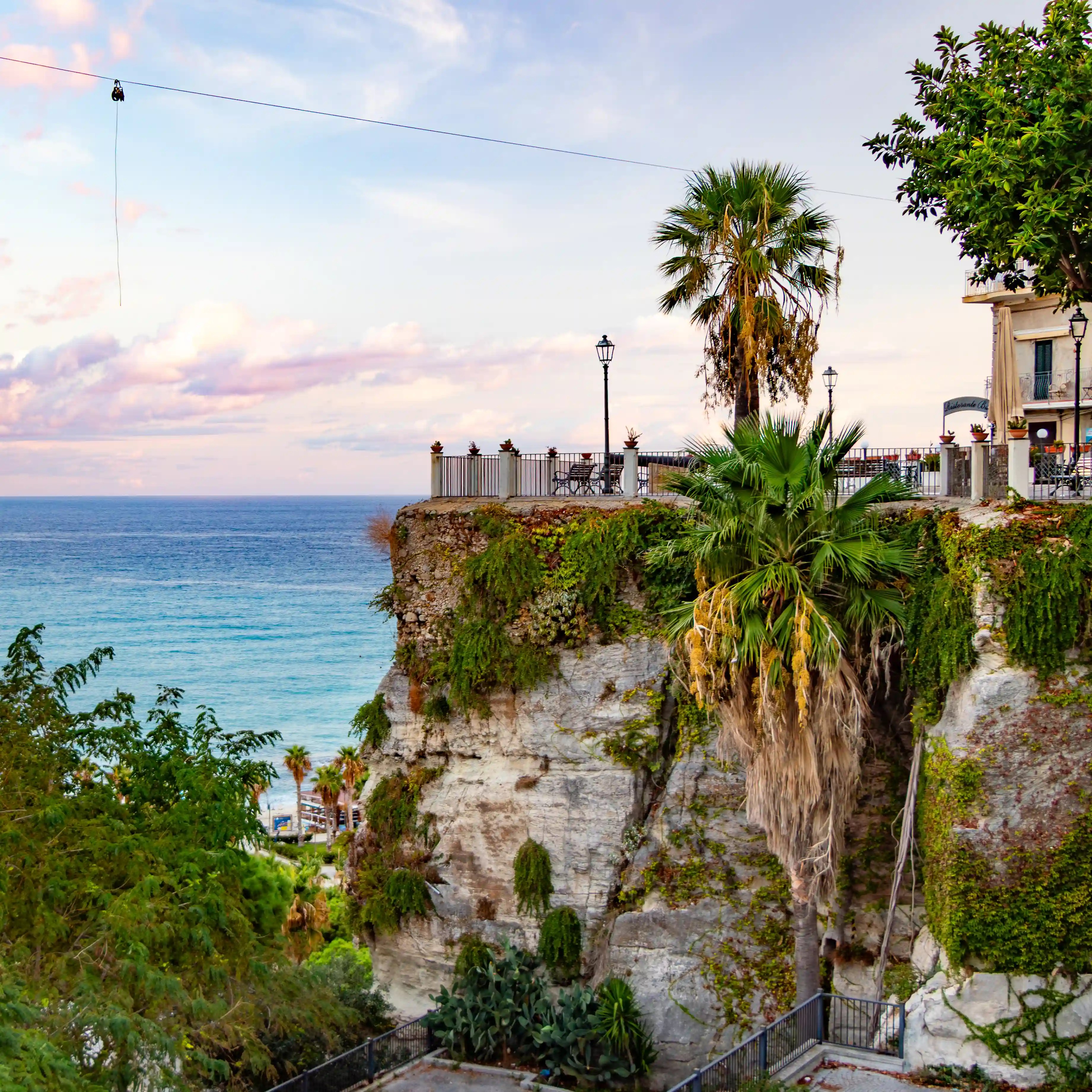 Palm trees and greenery near a cliff edge with a terrace and railing overlooking the sea.