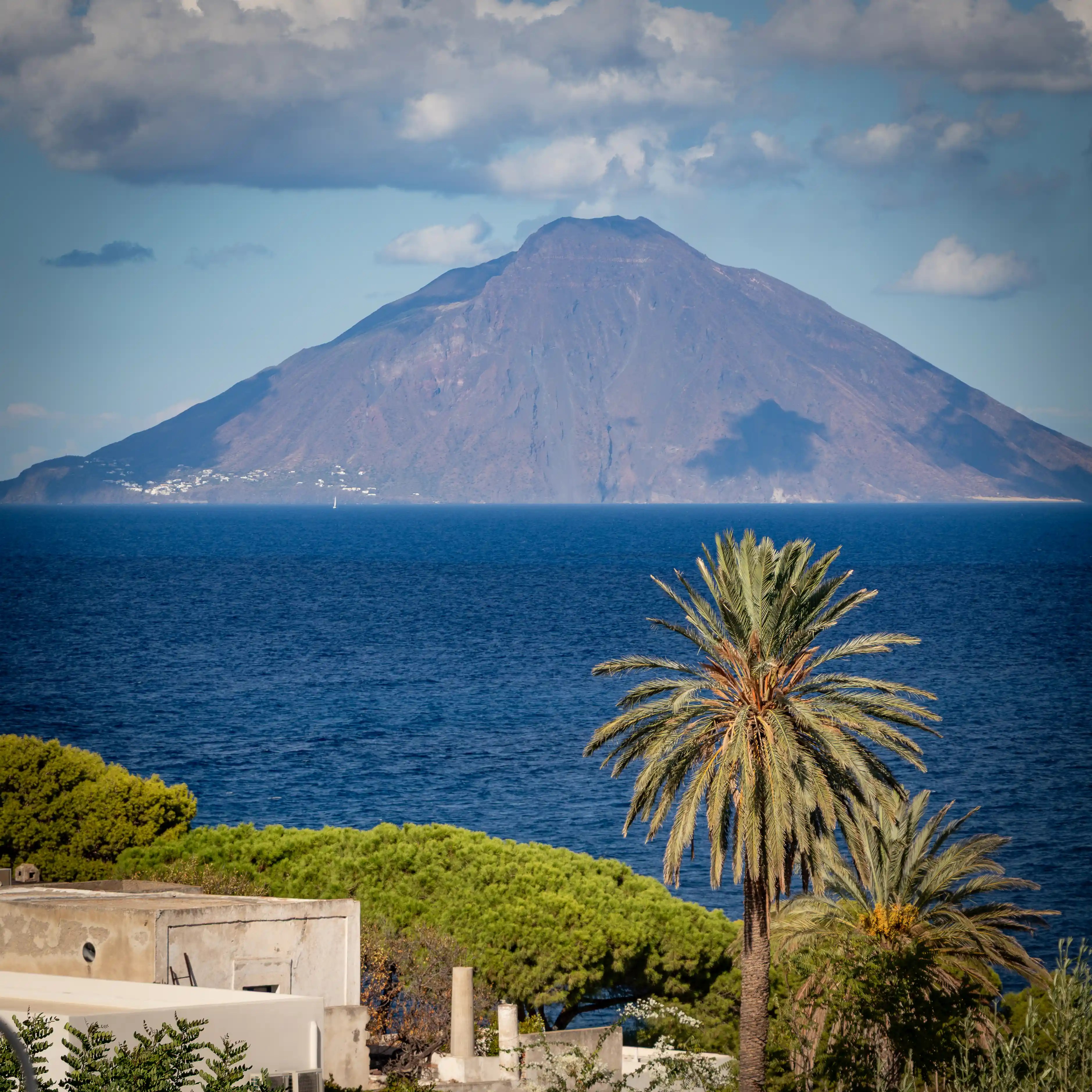 A large volcanic island rises across the sea with a palm tree and greenery in the foreground.