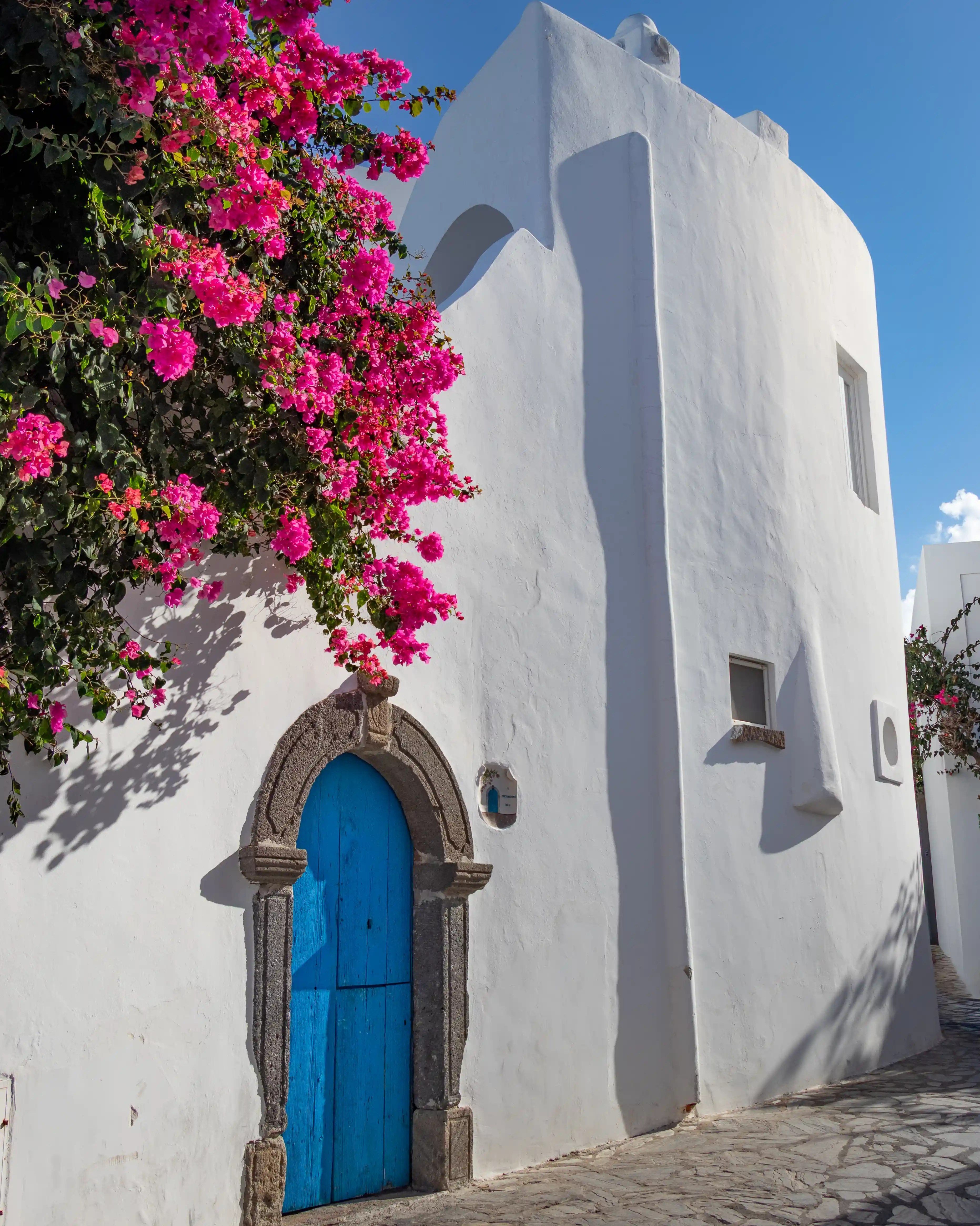 A white building with a blue door and bright pink bougainvillea growing along the wall.