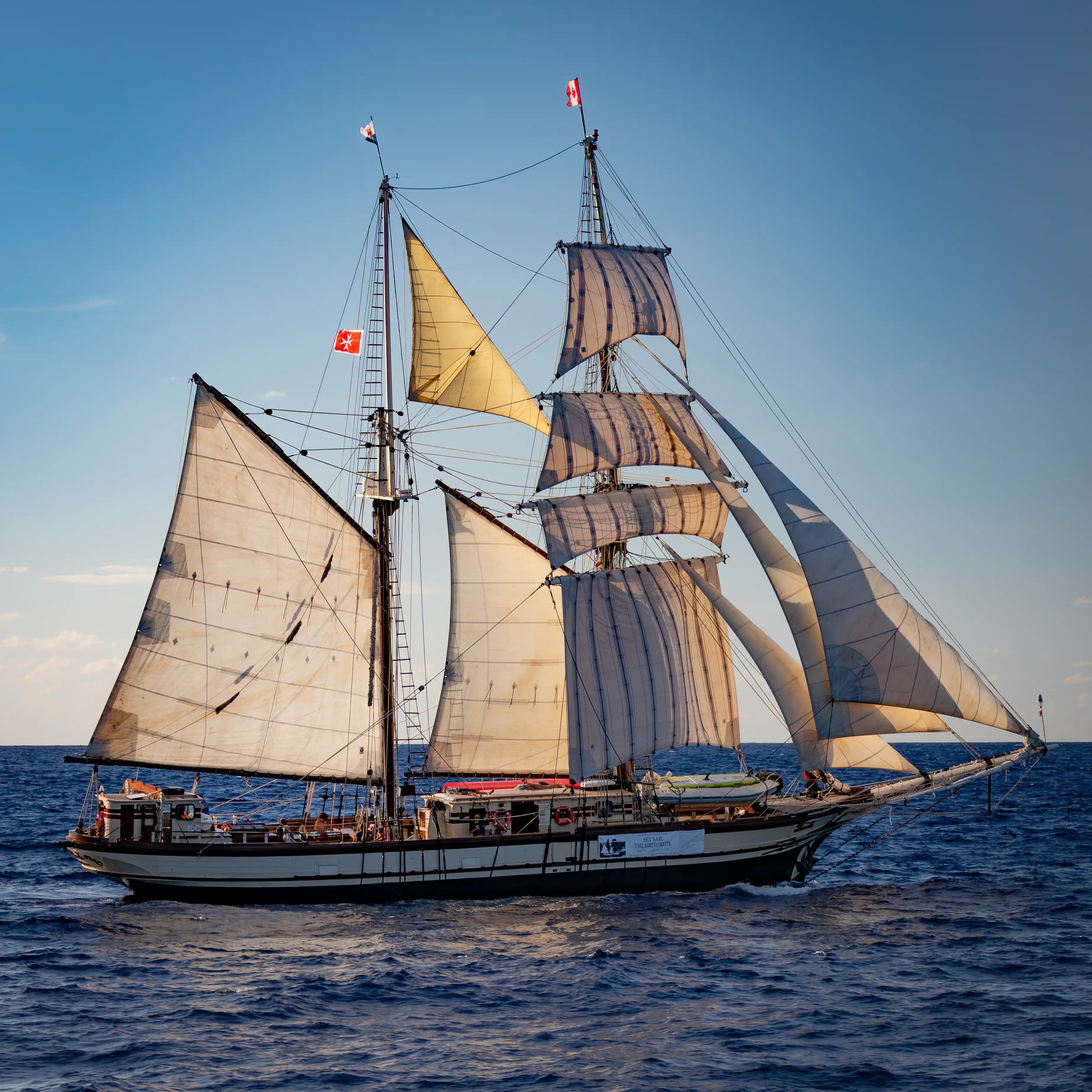 A large sailing ship with multiple masts and sails traveling across the sea under a clear sky.