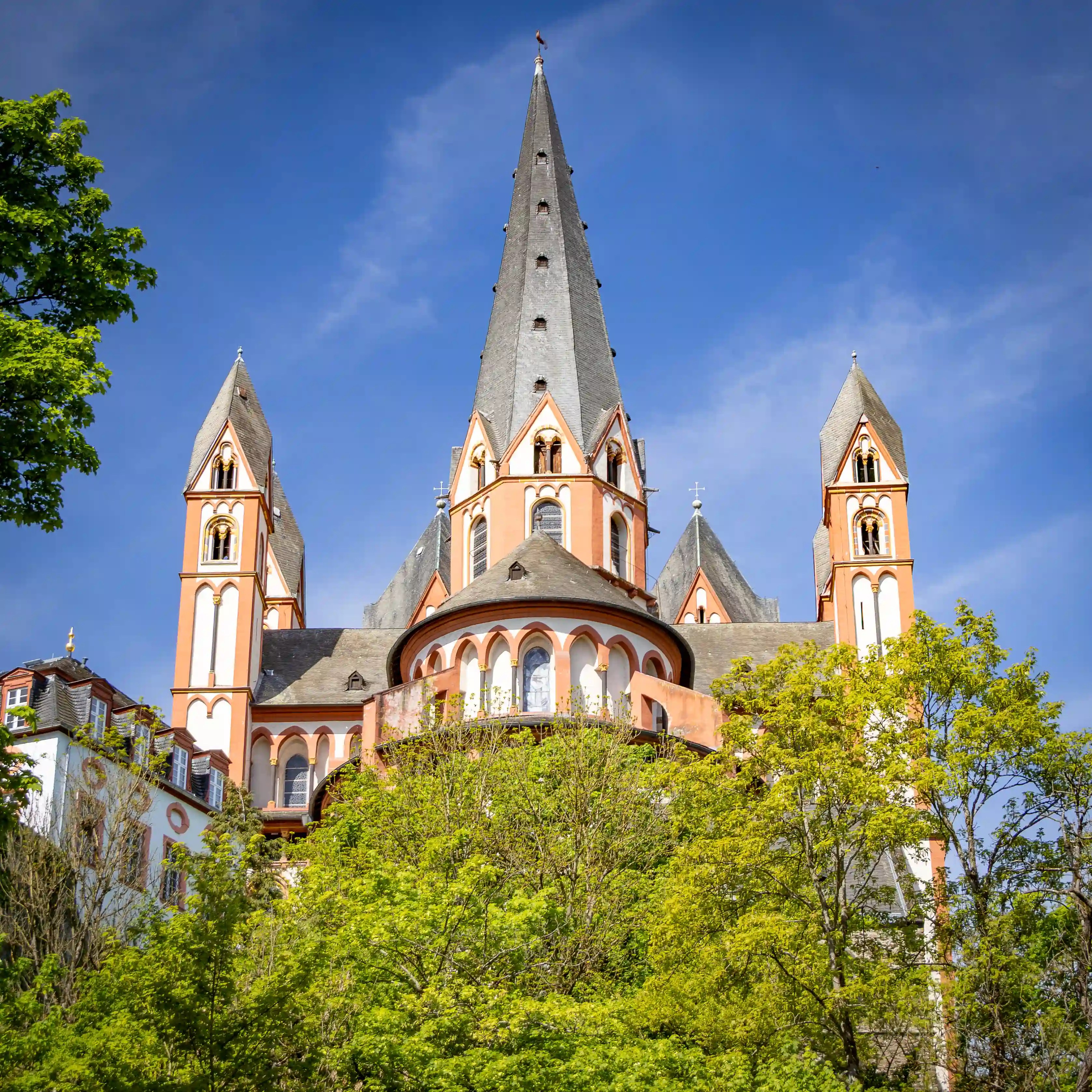 The towers and central spire of Limburg Cathedral rise above green trees under a blue sky.