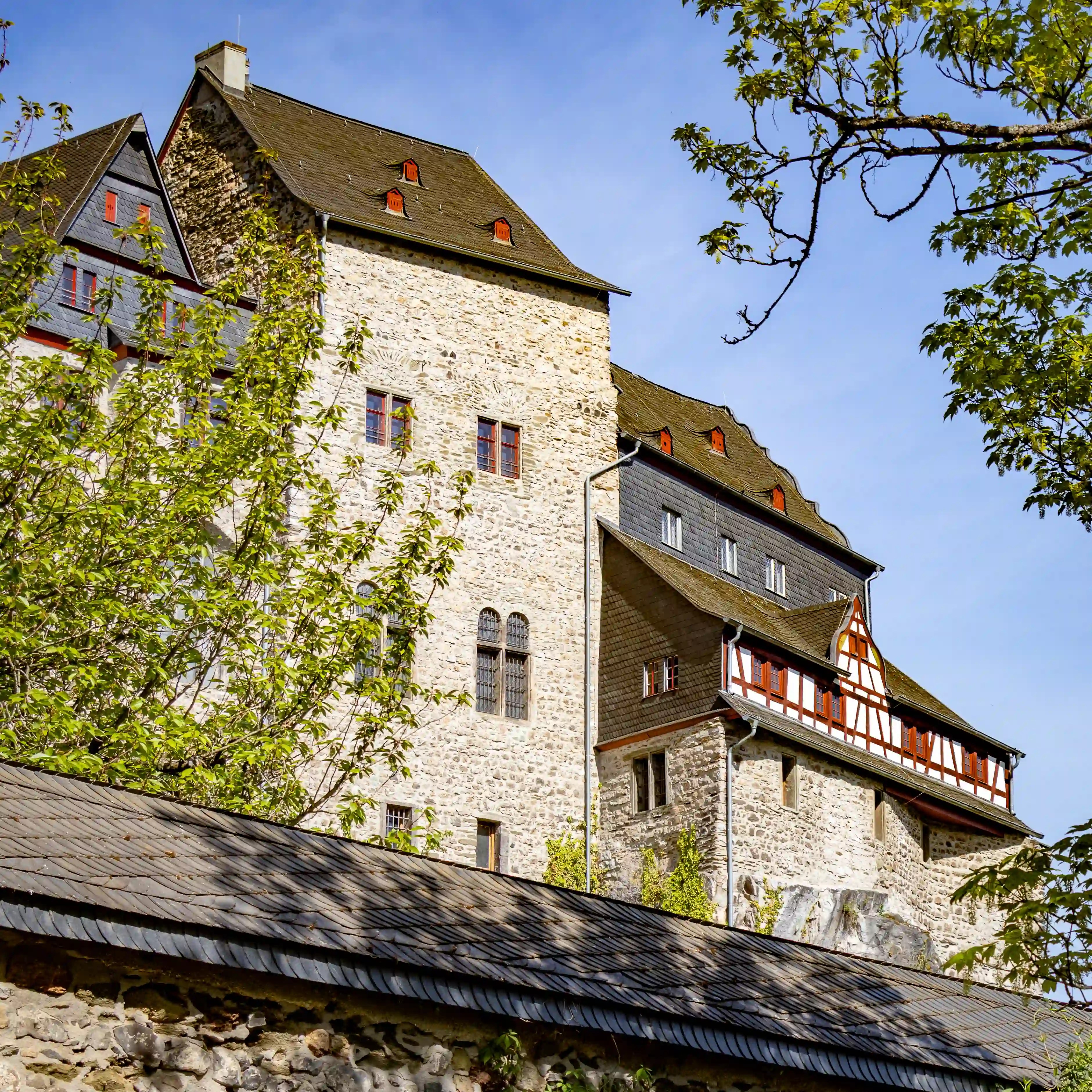 Stone buildings of Limburg Castle rise above a wall and trees under a blue sky.