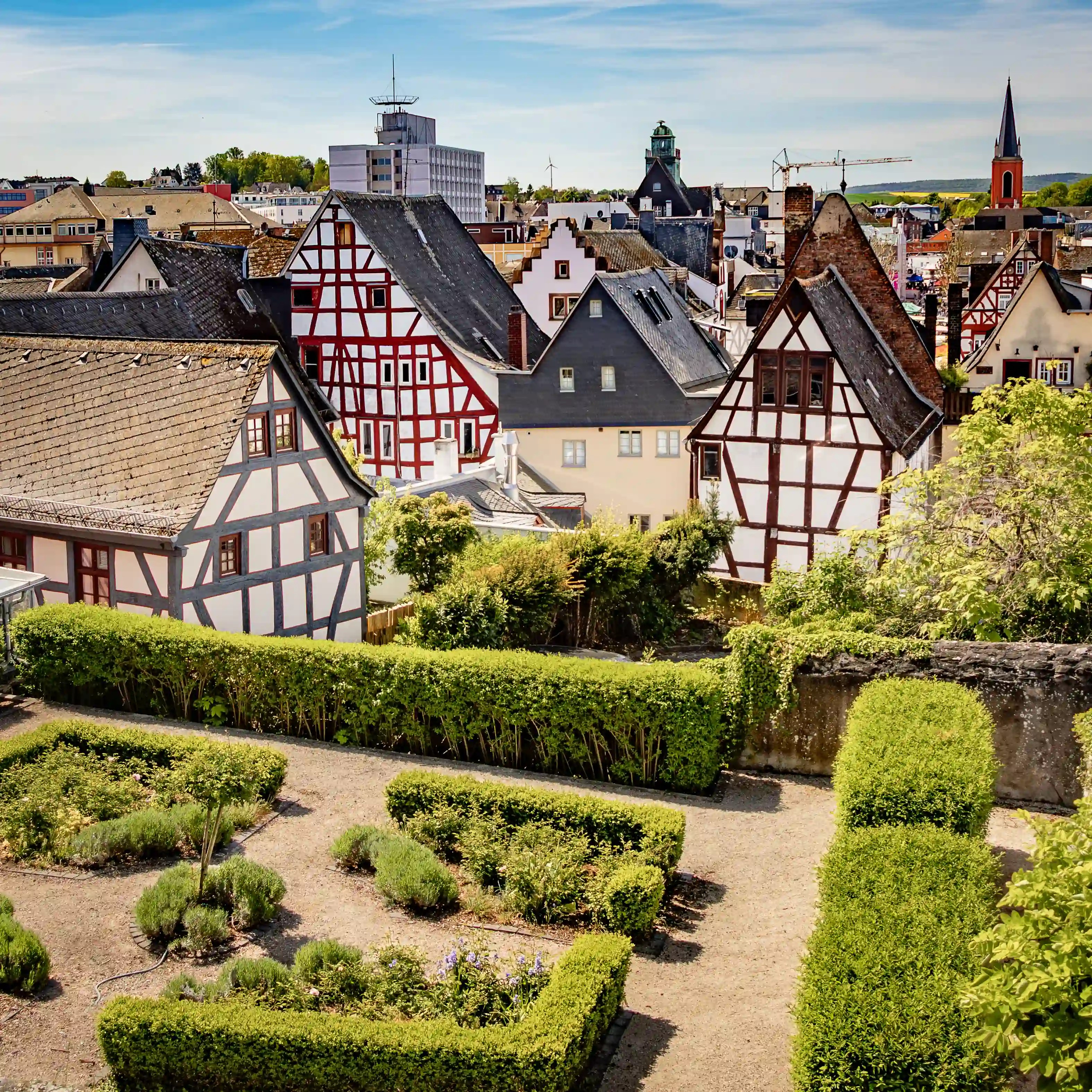 Half-timbered houses and rooftops fill a view over Limburg’s old town.