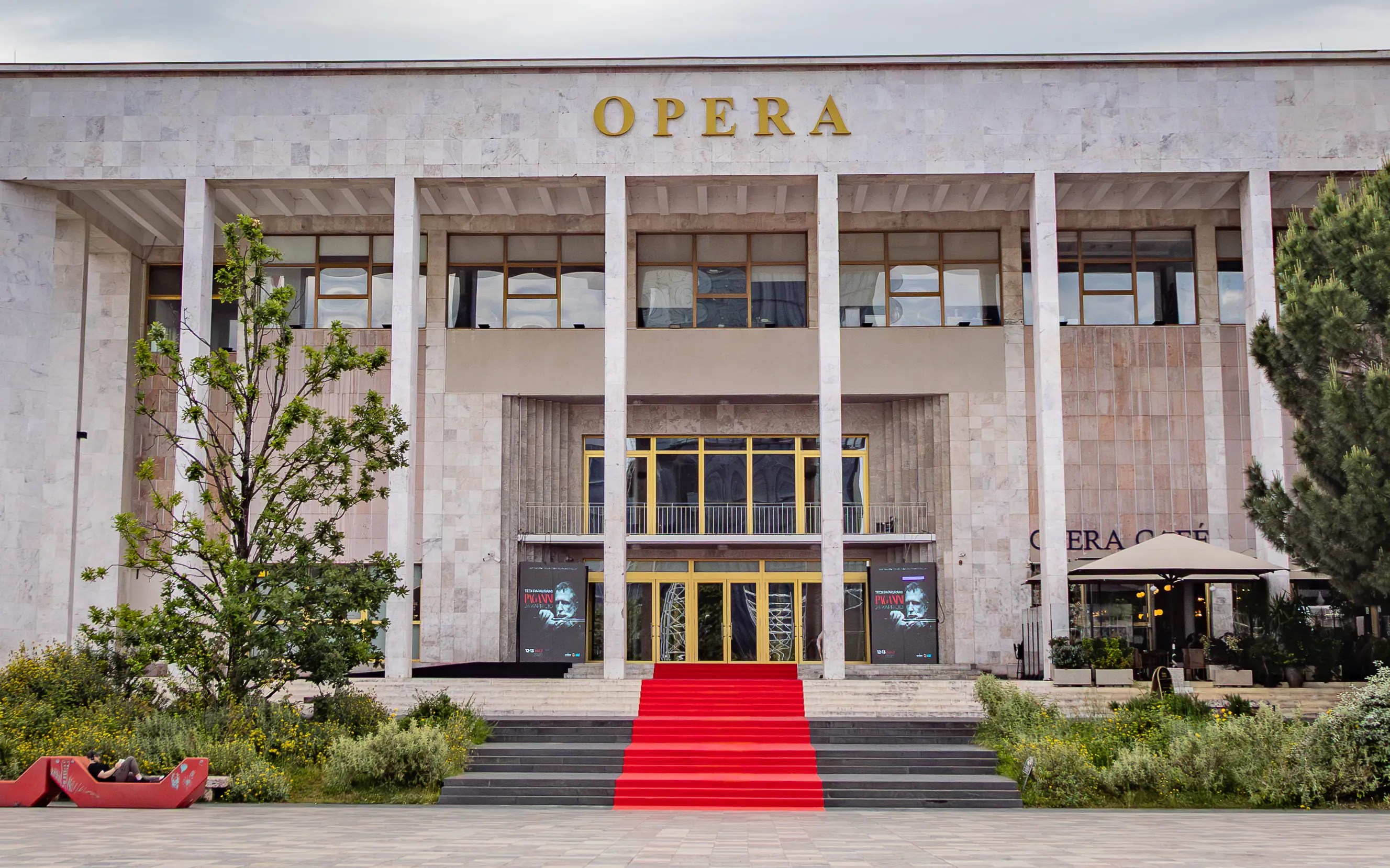 Entrance of the National Theatre of Opera and Ballet on Skanderbeg Square in Tirana, Albania.