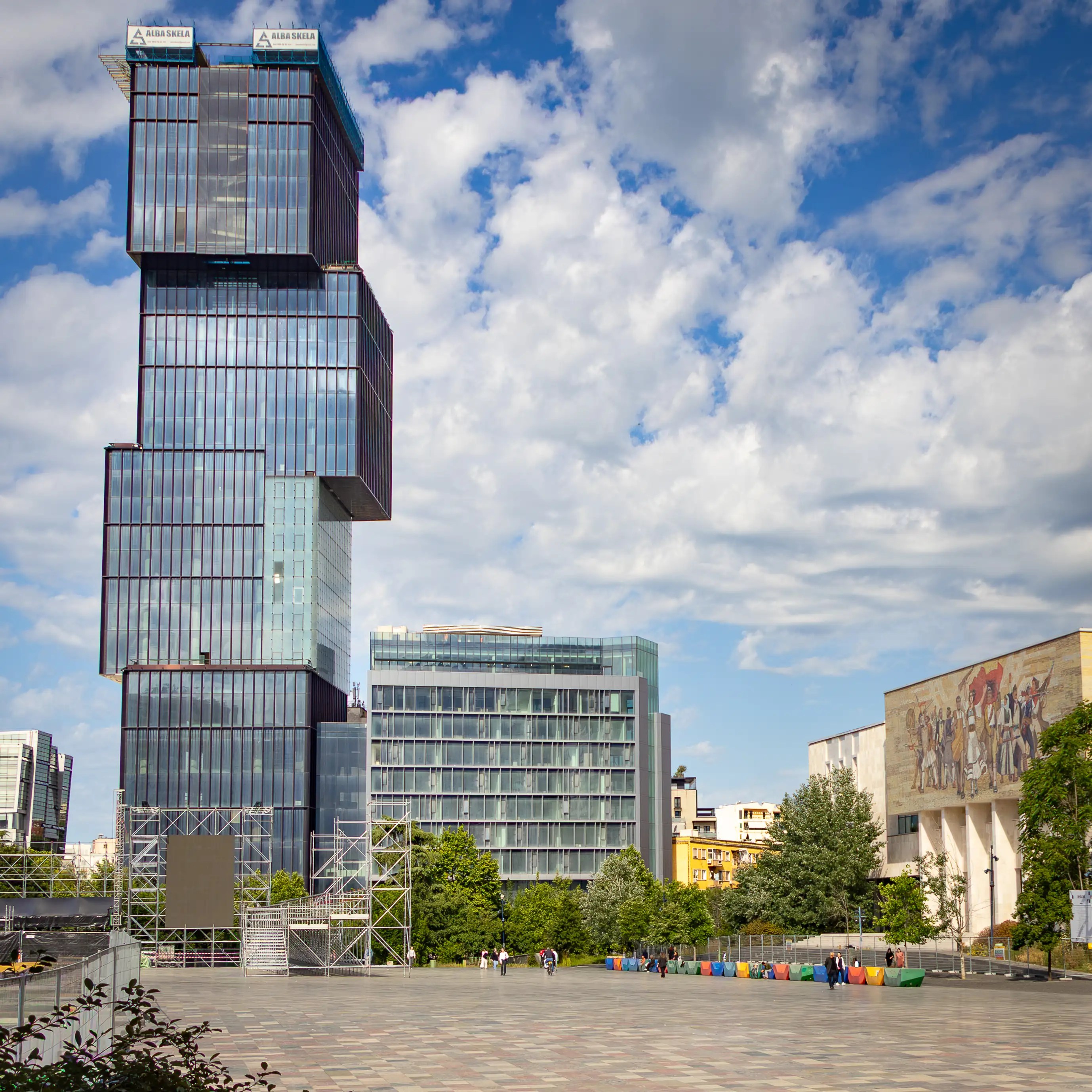 Modern skyscraper overlooking Skanderbeg Square in Tirana, Albania.
