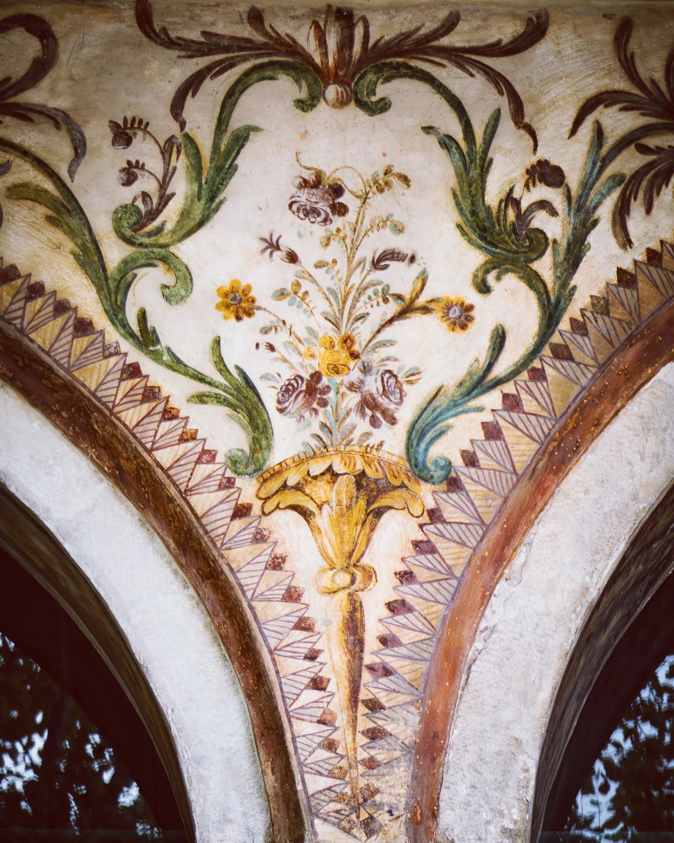 Painted floral decoration on the exterior portico of the Et'hem Bej Mosque in Tirana.