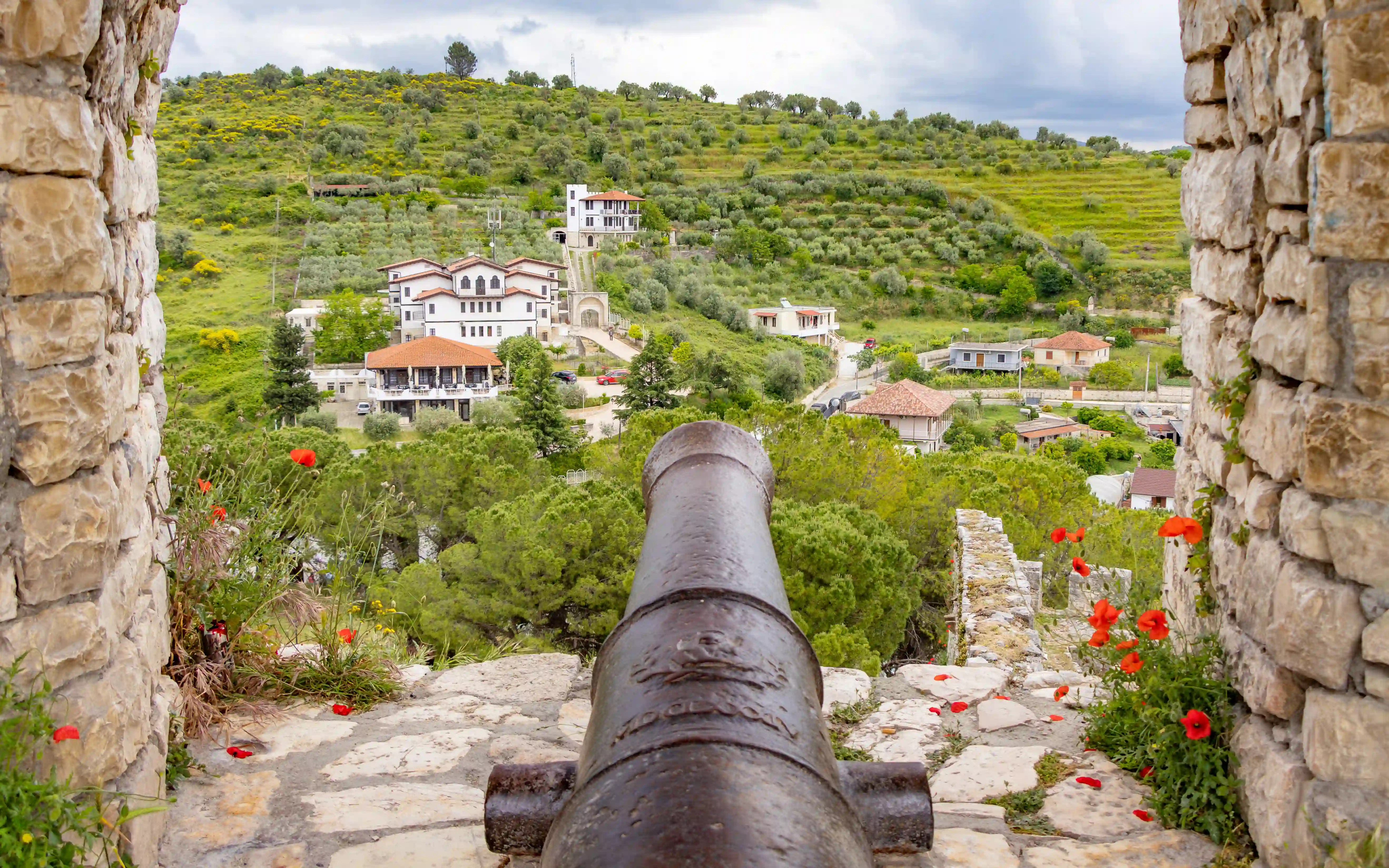 Historic cannon positioned on the castle walls overlooking the valley below.