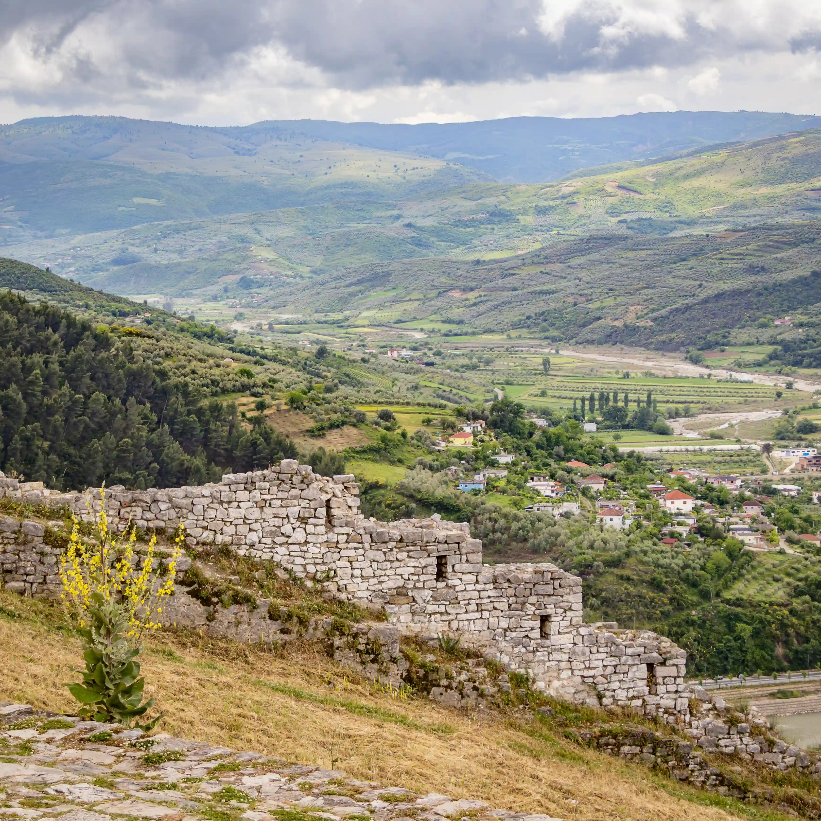 View across the Osum River valley from the walls of Berat Castle.