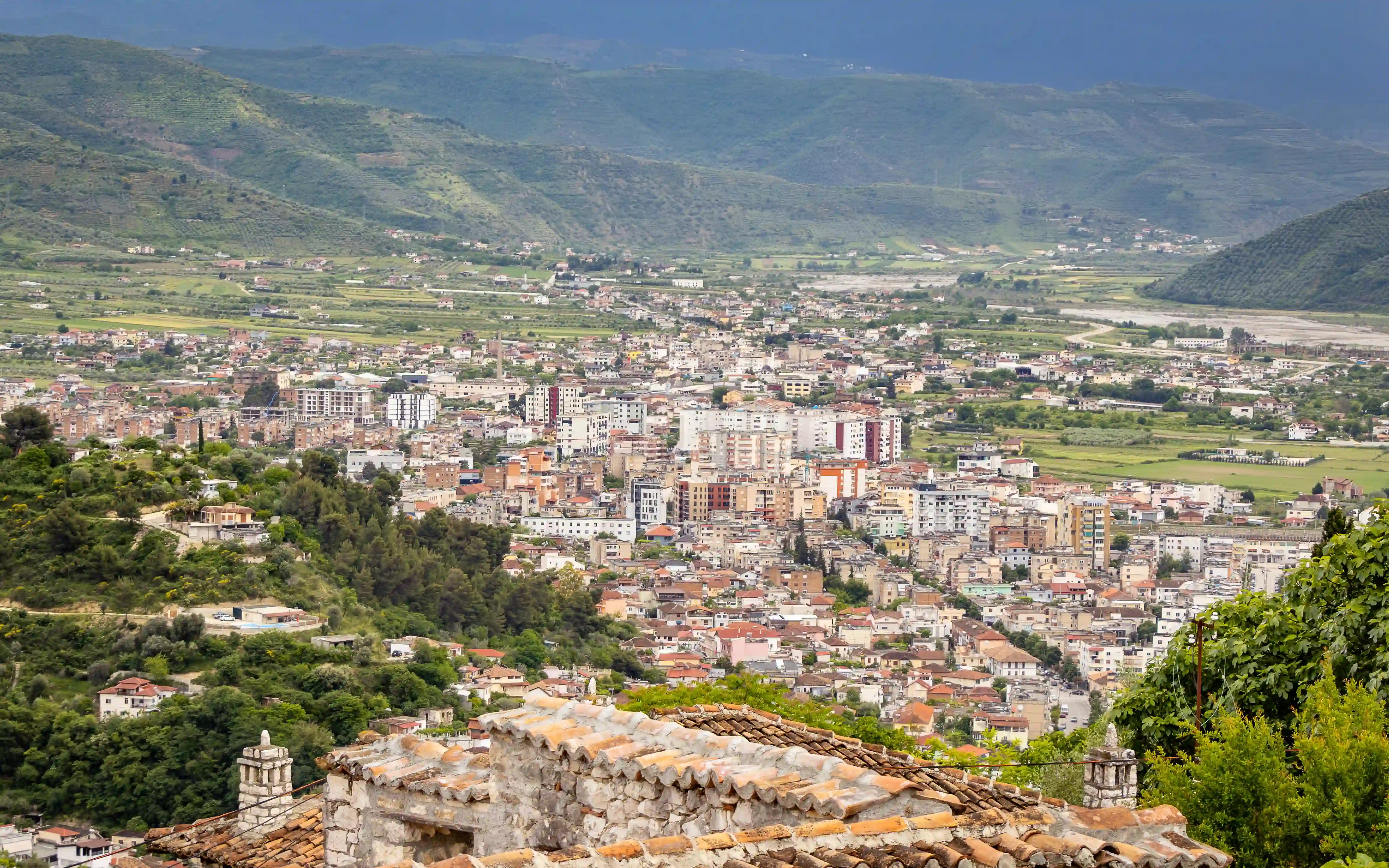 Panoramic view of Berat and the surrounding valley from the castle.