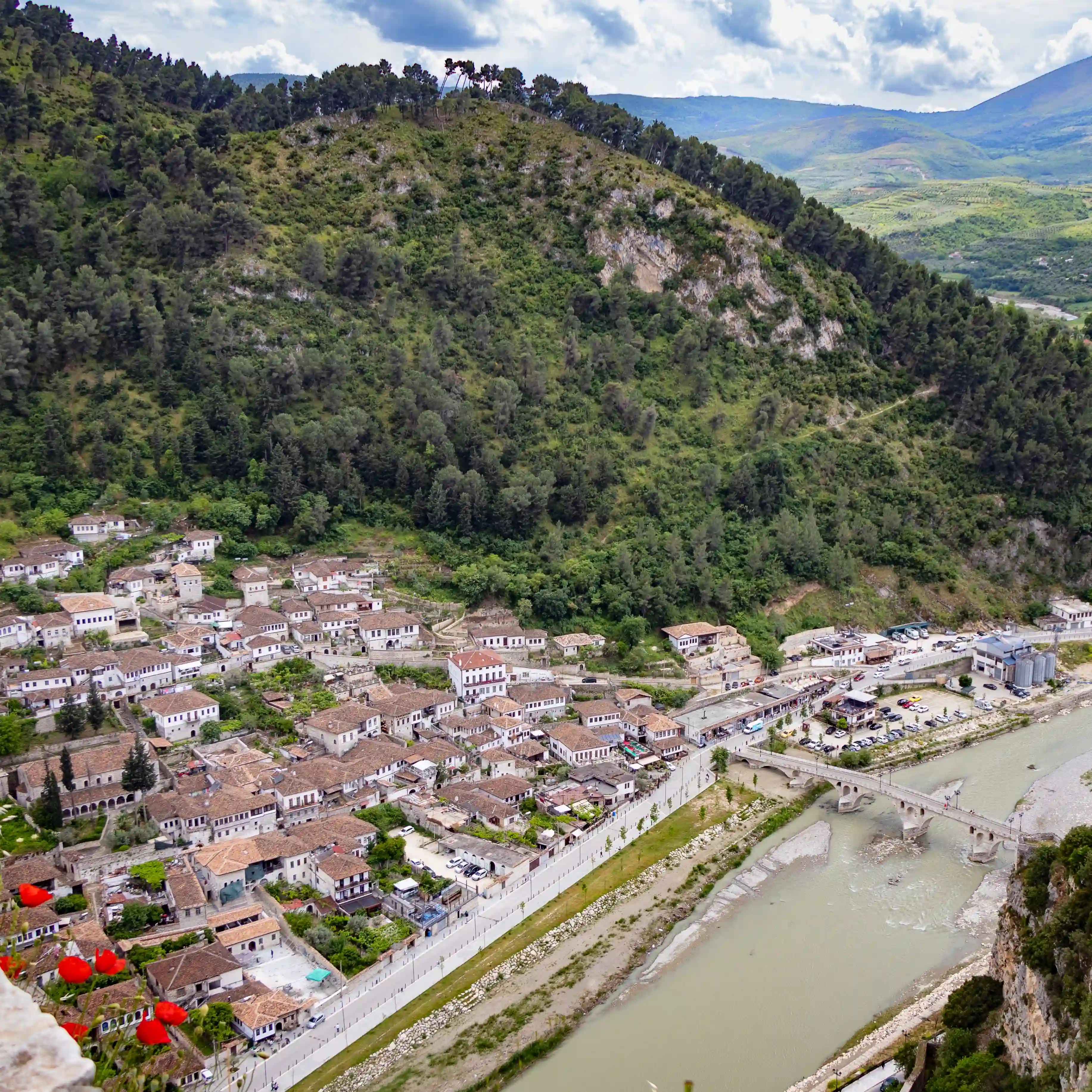 View of the Gorica neighborhood and Gorica Bridge from Berat Castle.
