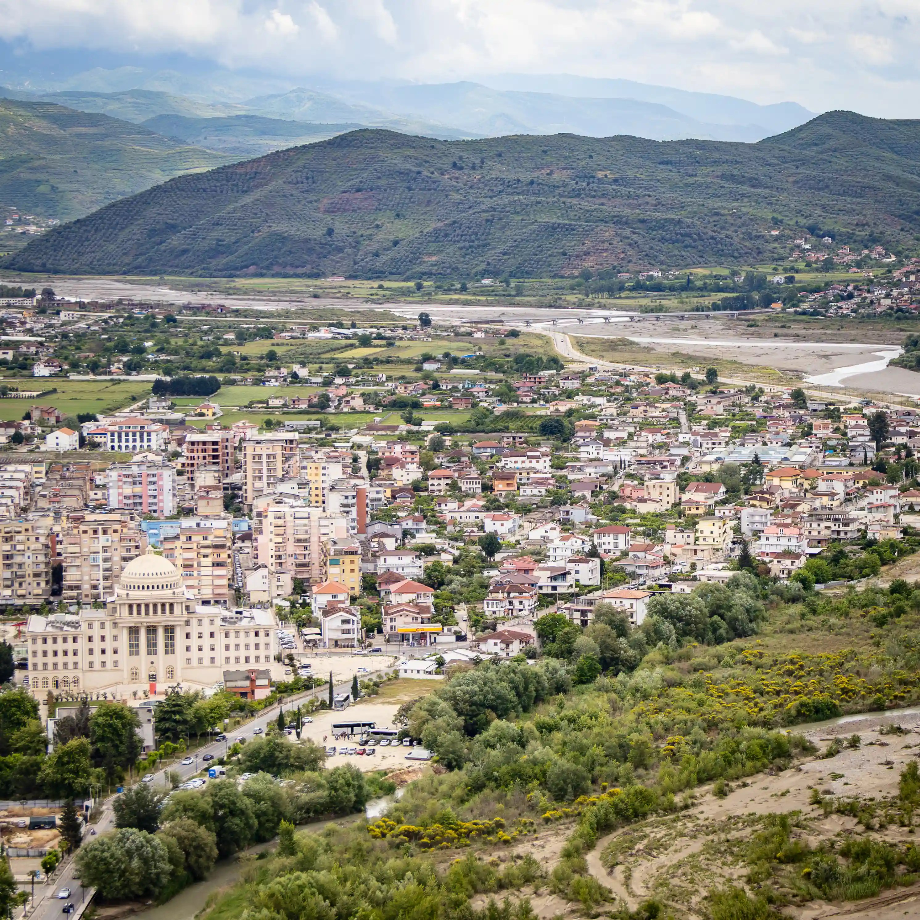 View of Berat with the river valley and hills beyond.