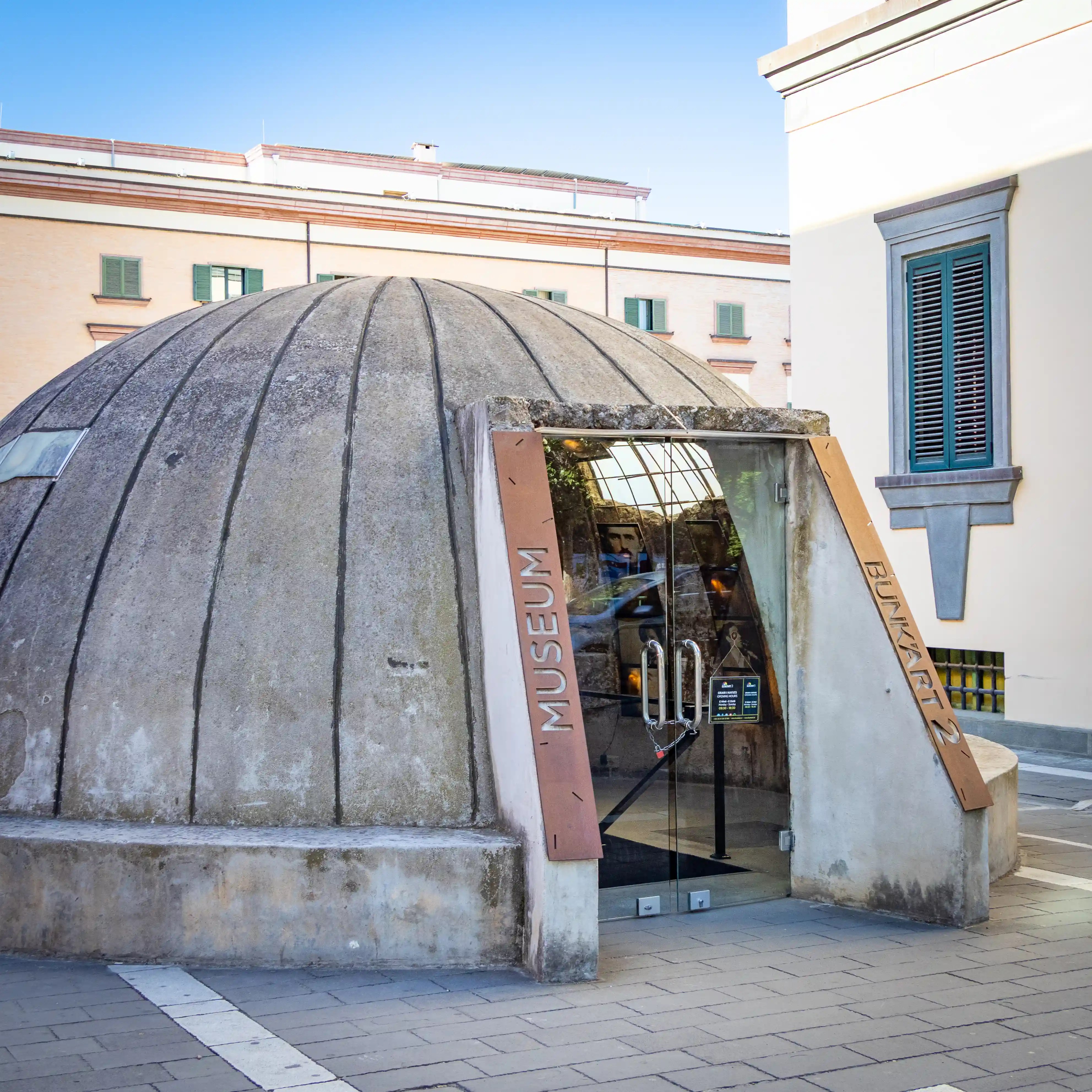 The dome-shaped exterior entrance to Bunk'Art 2 in central Tirana.